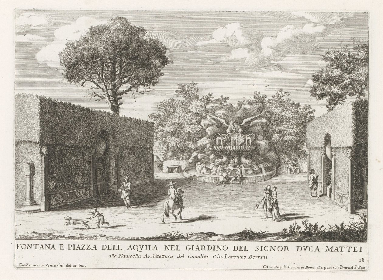 Fontein conoció a adelaar en de tuinen van de Villa Celimontana te Rome Fuente y piazza del aquila en el jardín del Sr. Duke Mattei (...) (título sobre objeto) Las fuentes en los palacios y jardines de Roma (título de la serie) Fonteinen in de paleizen en  de Giovanni Francesco Venturini