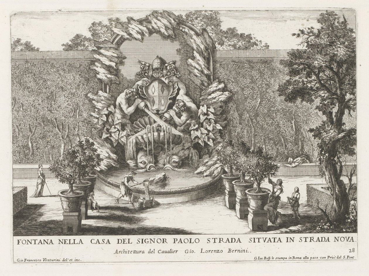 Fuente con escudo papal, dos tritones y delfines Fontana nella casa del signor Paolo strada situata in strada nova (título sobre objeto) Le fontane ne palazzi e ne giardini di Roma (título de la serie) Fuentes en los Palacios y Jardines de Roma ( de Giovanni Francesco Venturini