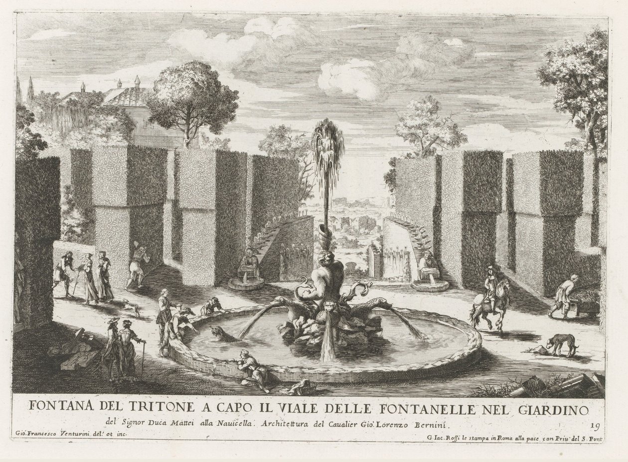 Fontein conoció a Triton en de tuinen van de Villa Celimontana te Rome Fuente Tritón en la cabecera de la avenida de fuentes en el jardín (...) (título sobre objeto) Las fuentes en los palacios y jardines de Roma (título de la serie) Fonteinen in de paleiz de Giovanni Francesco Venturini