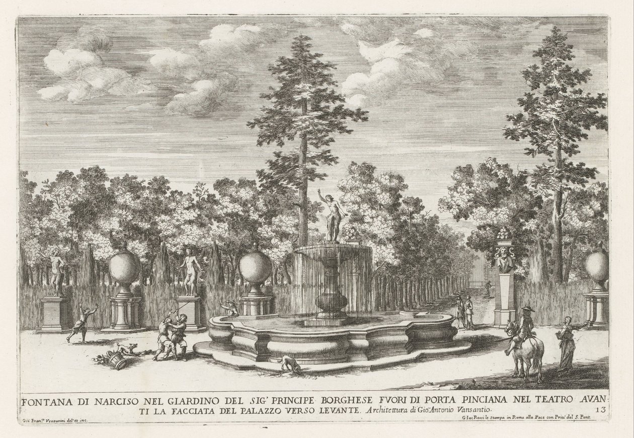 Fontein van Narcissus en de Villa Borghese te Rome Fuente de Narciso en el jardín del Sr. Príncipe Borghese (...) (título sobre objeto) Las fuentes en los palacios y jardines de Roma (título de la serie) Fonteinen in de paleizen en tuinen van Rome (título  de Giovanni Francesco Venturini