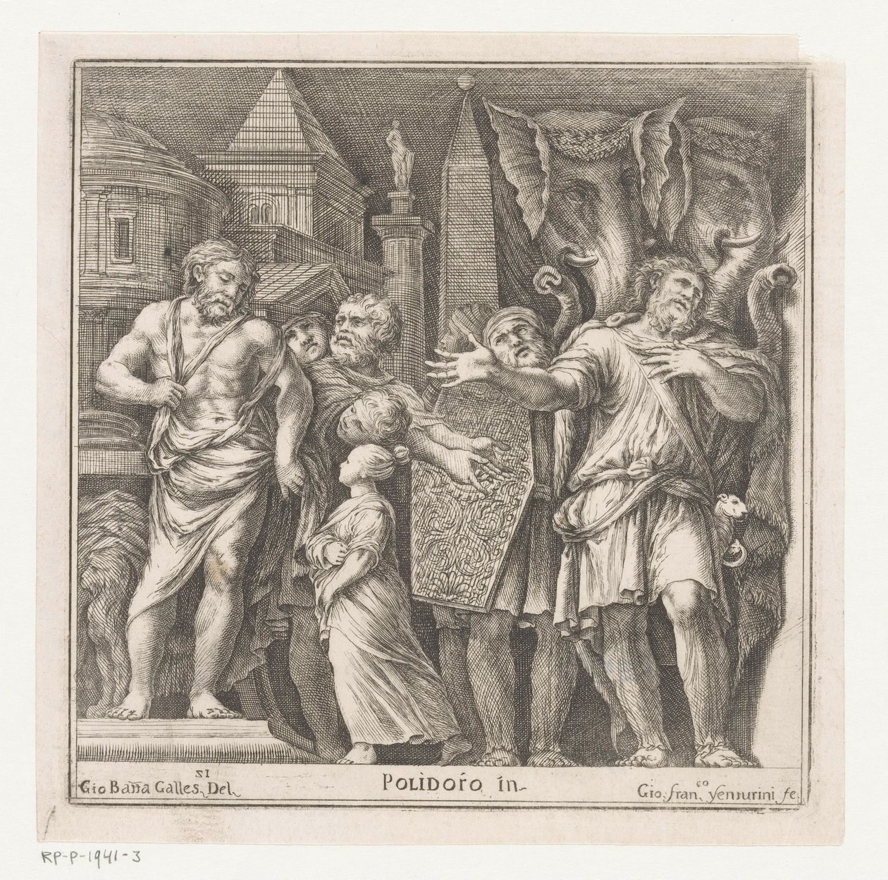 Grupo de figuras y dos elefantes en una ciudad. de Giovanni Francesco Venturini