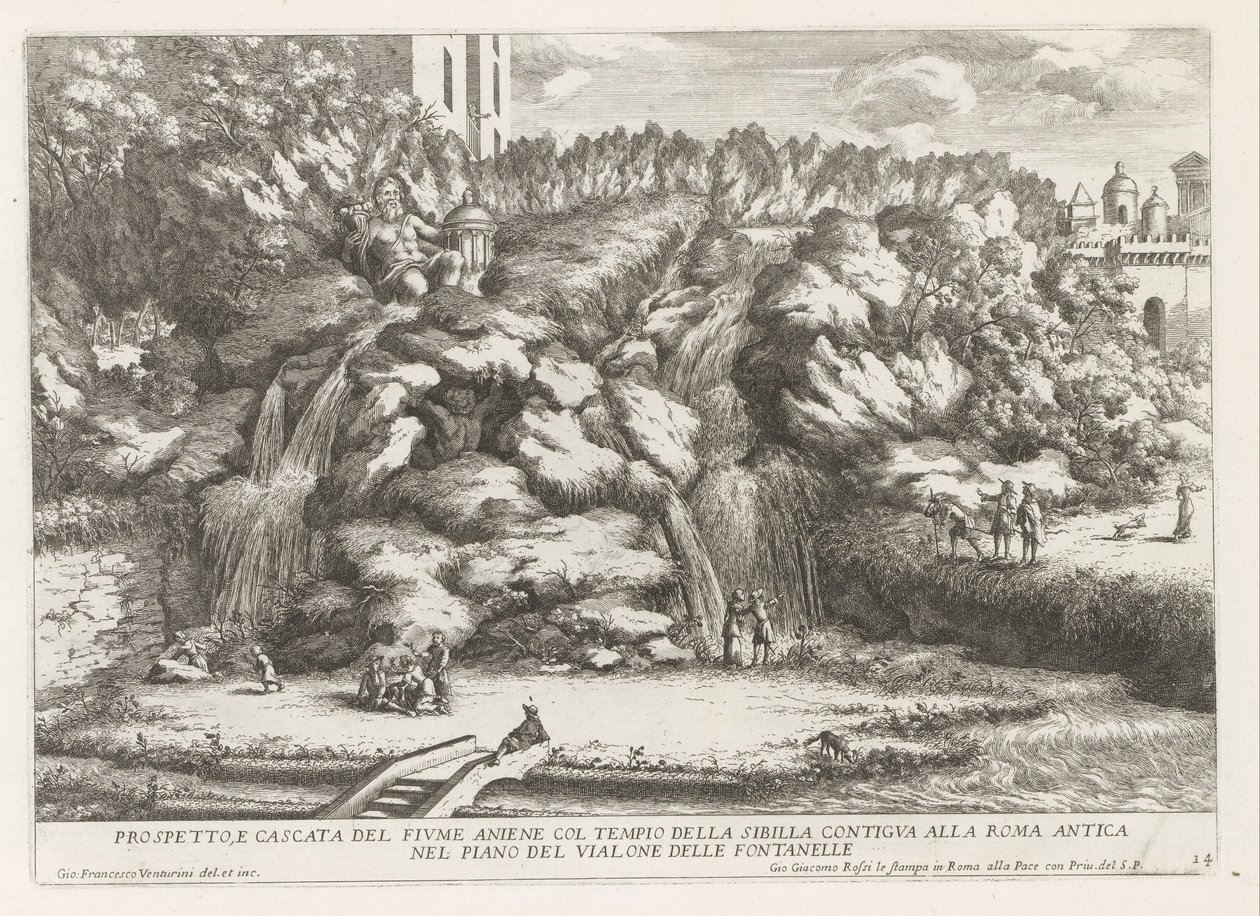 Paisaje con cascada en Tempel van de Tiburtijnse Sibille t y Tivoli Alzado y cascada del río aniene con el templo de la sibila (...) (título sobre objeto) Las fuentes del jardín Estense en Tivoli (título de la serie) Fonteinen in de tuinen van Villa d