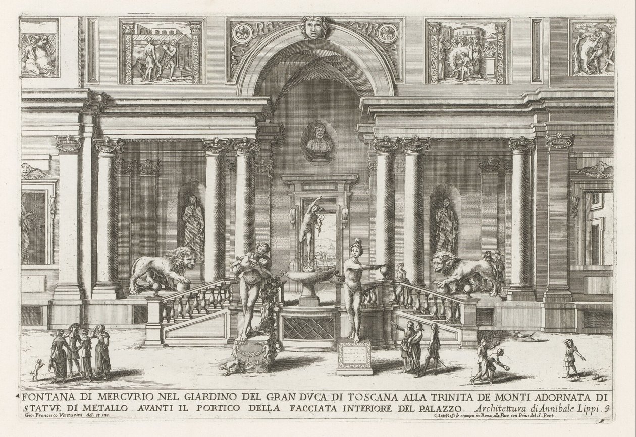 Loggia en tuin van de Villa Medici te Rome Fuente de Mercurio en el jardín del Gran Duque de Toscana en Trinita de Monti (...) (título sobre objeto) Las fuentes en los palacios y jardines de Roma (título de la serie) Fonteinen in de paleizen en tuinen van  de Giovanni Francesco Venturini