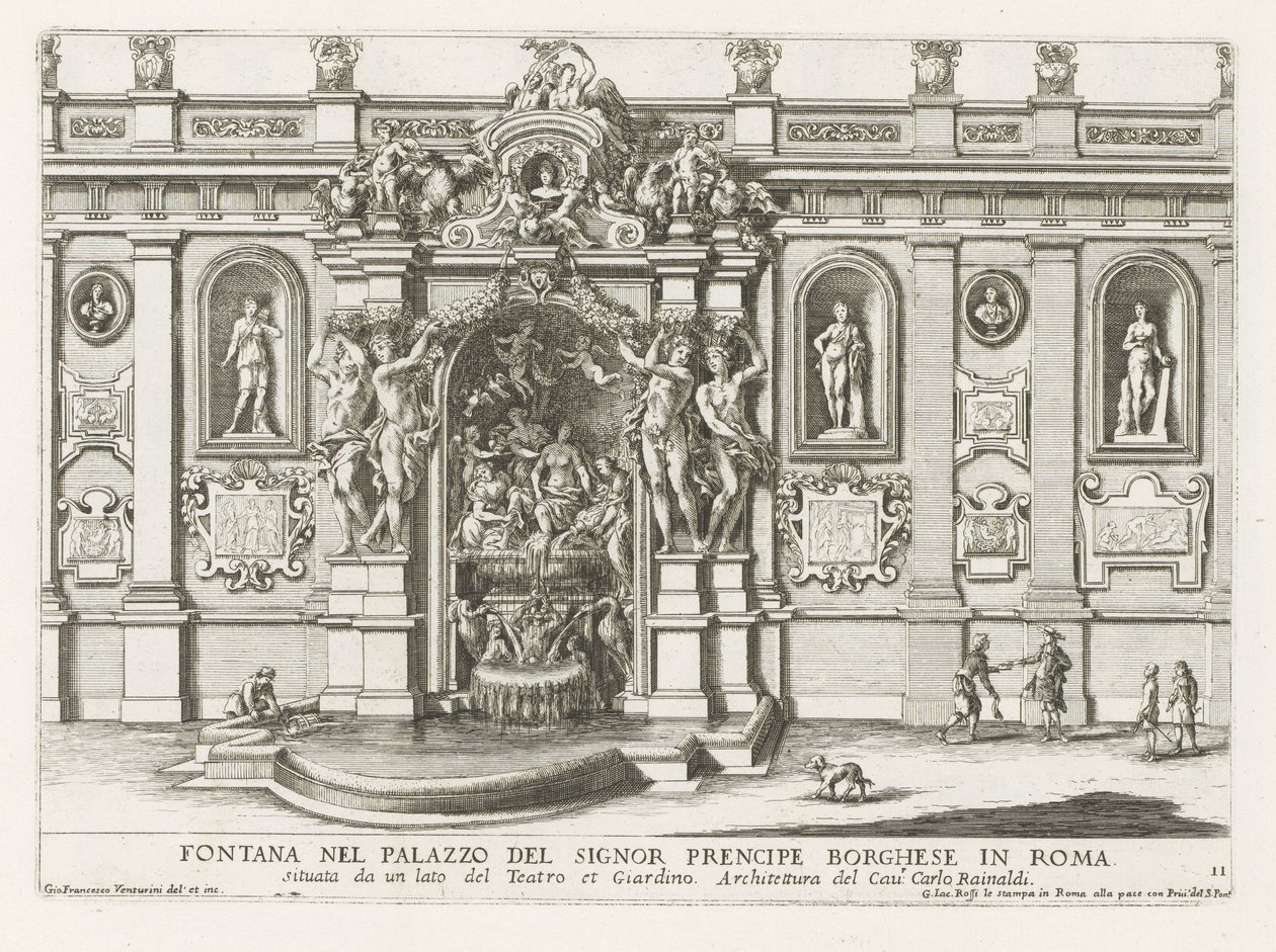 Ninfeo en de binnenplaats van het Palazzo Borghese te Rome Fuente en el palacio del señor prencipe Borghese en Roma (...) (título sobre objeto) Las fuentes en los palacios y jardines de Roma (título de la serie) Fonteinen in de paleizen en tuinen van Rome  de Giovanni Francesco Venturini