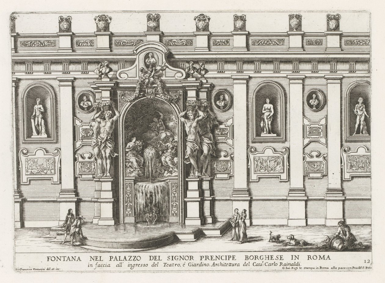 Ninfeo en de binnenplaats van het Palazzo Borghese te Rome Fuente en el palacio del señor prencipe Borghese en Roma (...) (título sobre objeto) Las fuentes en los palacios y jardines de Roma (título de la serie) Fonteinen in de paleizen en tuinen van Rome  de Giovanni Francesco Venturini
