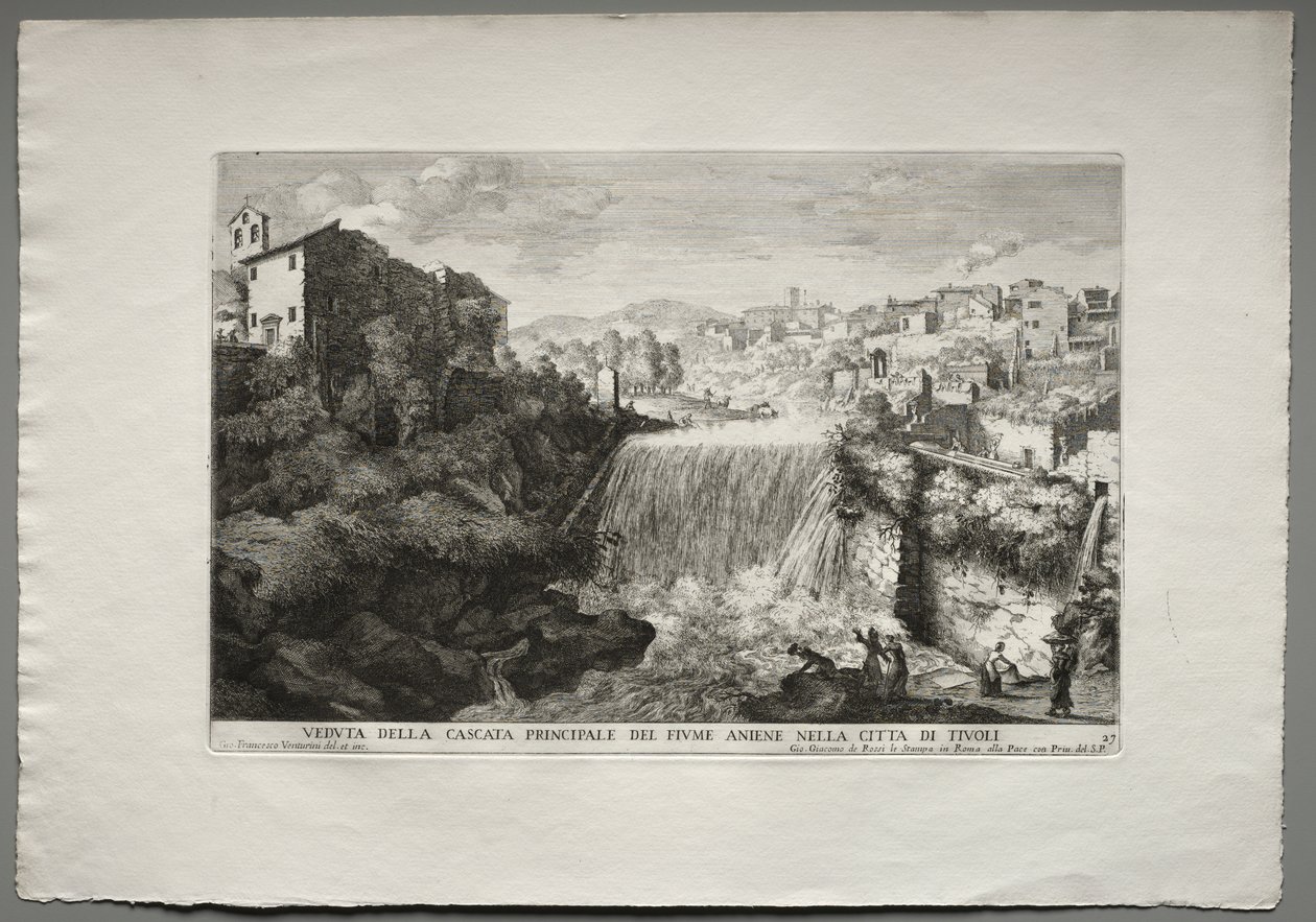The Fountains of Rome (Le fontane di Roma), Book IV, plate 27: View of the Principal Cascade of the River Aniene in the City of Tivoli (Veduta della Cascata Principale del Fiume Aniene nelle citta di Tivoli) de Giovanni Francesco Venturini