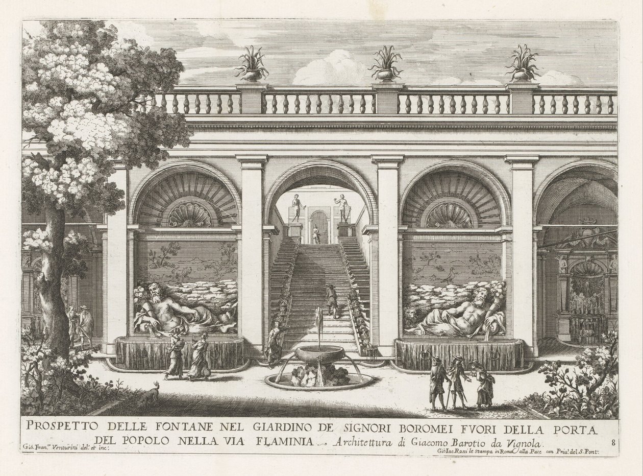 Tuin van een paleis te Rome Prospecto de las fuentes en el jardín de los señores Boromei (...) (título sobre objeto) Las fuentes en los palacios y jardines de Roma (título de la serie) Fonteinen in de paleizen en tuinen van Rome (título de la serie) de Giovanni Francesco Venturini