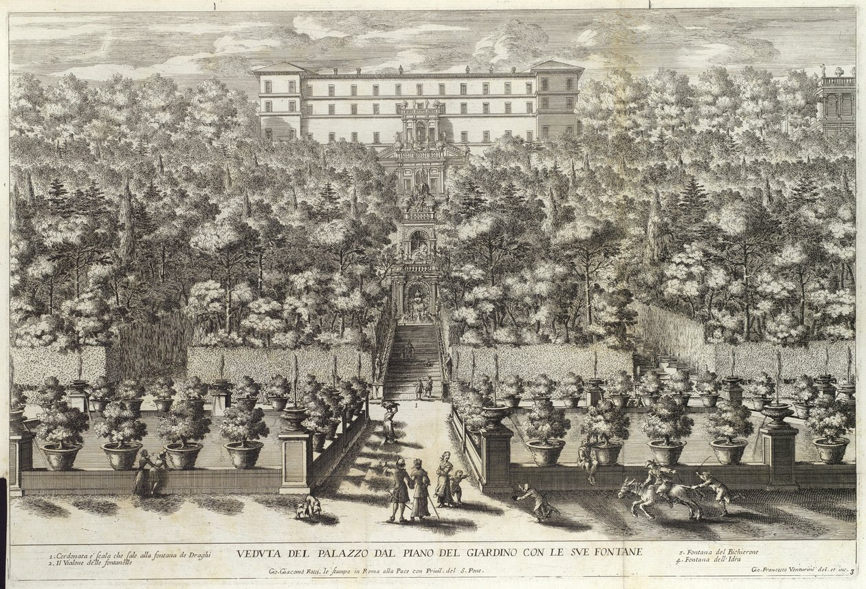 Veduta del Palazzo dal Piano del Giardino con le sue Fontane, de La Fontane, pub. c 1691 de Giovanni Francesco Venturini