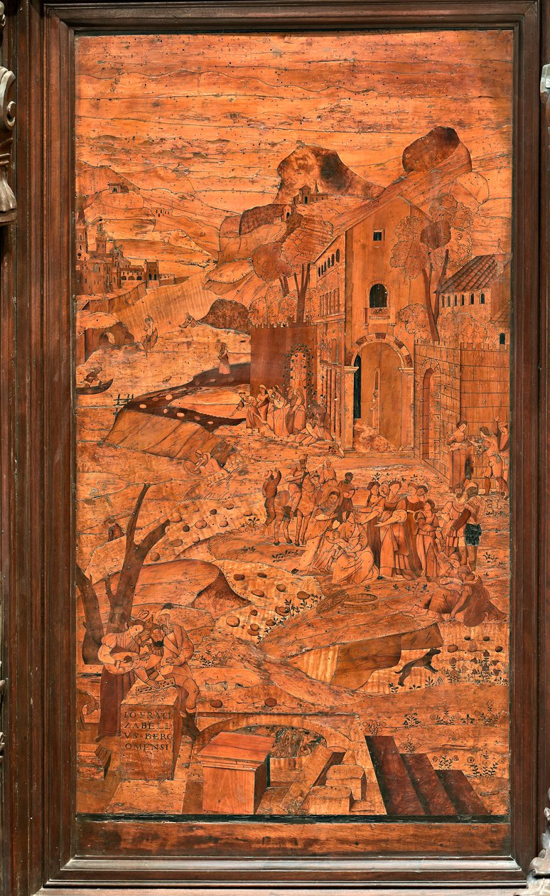 Génova, Duomo (Catedral de San Lorenzo), interior, ábside, coro, lado norte: "Moisés rescatado de las aguas", intarsia de madera de Giovanni Francesco Zambelli (siglo XVI) de Giovanni Francesco Zambelli