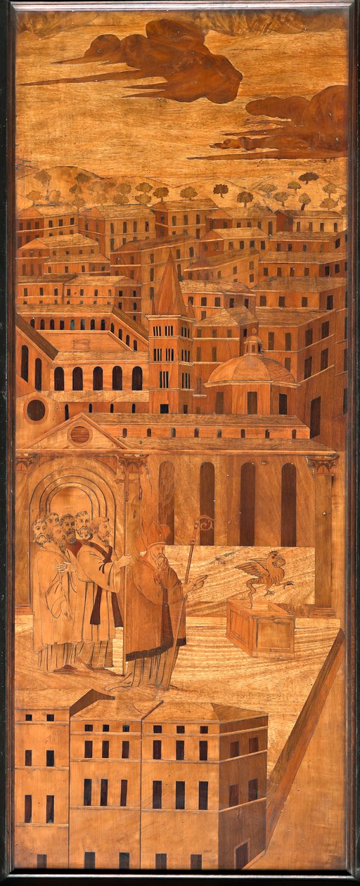 Génova, Catedral de San Lorenzo, interior, ábside, coro, lado norte: "San Syrus ahuyenta al basilisco", intarsia de madera de Anselmo De