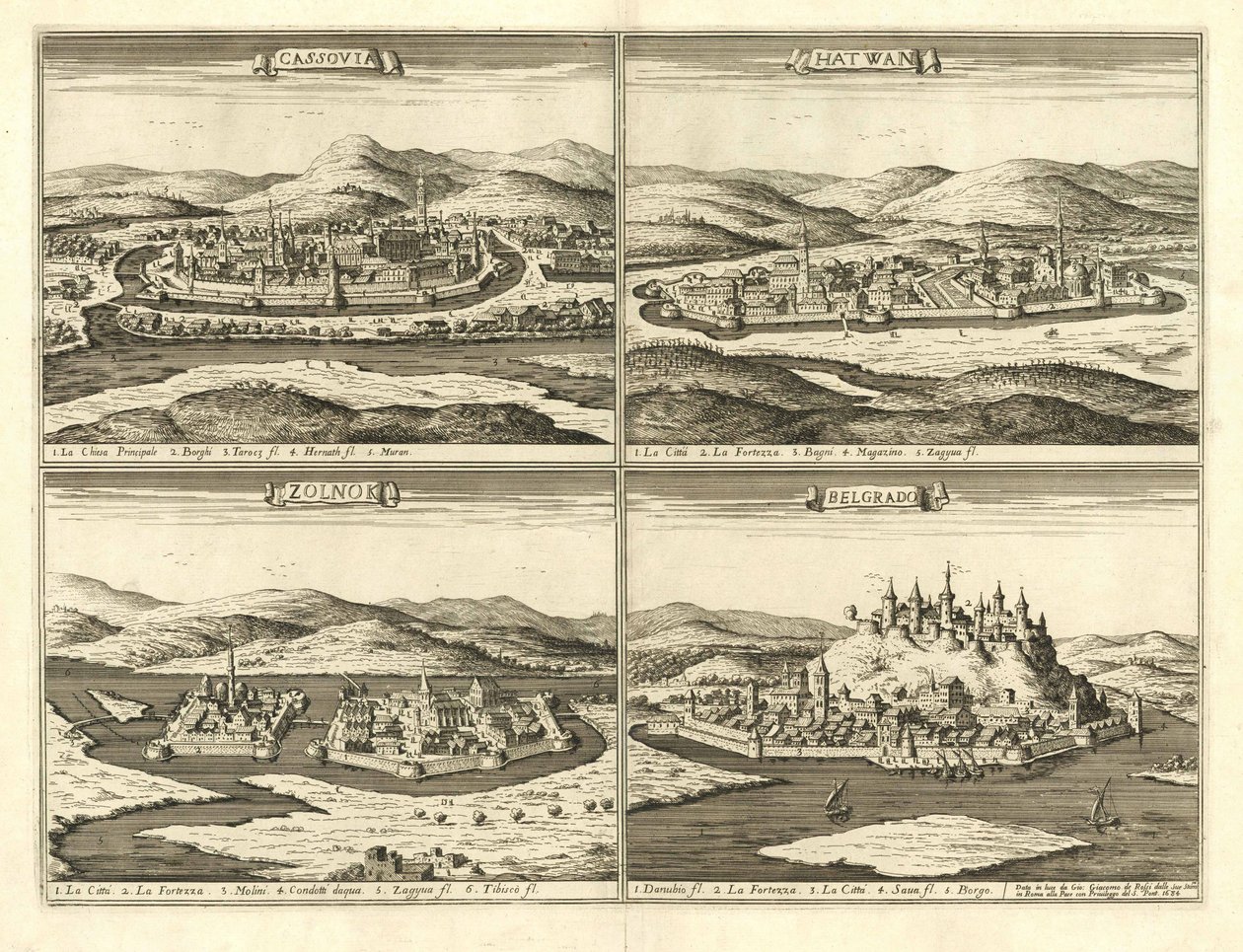 Castillos de Košice, Hatvan, Szolnok y Belgrado (Giovanni Giacomo De Rossi, 1683) de Giovanni Giacomo De Rossi
