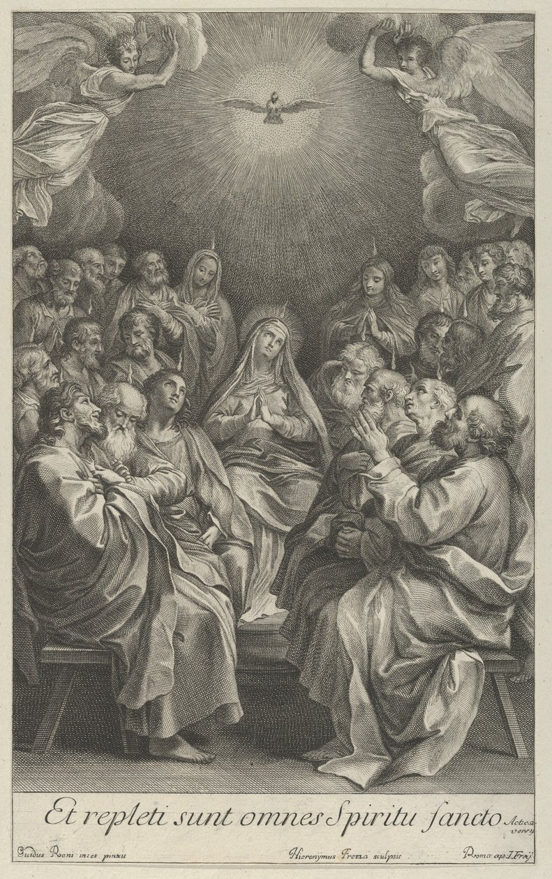 La Virgen con apóstoles mirando hacia la Paloma Sagrada y dos ángeles, después de Reni, 1700-50 de Giovanni Girolamo Frezza