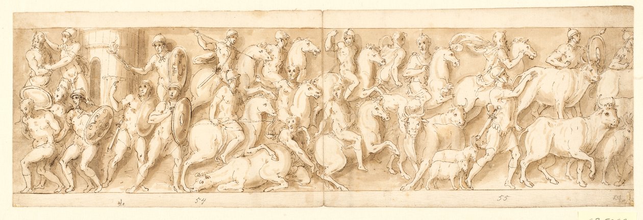 Un asentamiento alemán es destruido (final del LXXI); los alemanes que huyen son perseguidos (LXXII); Mujeres (no representadas por Guerra) y animales son llevados (LXXIII) de Giovanni Guerra