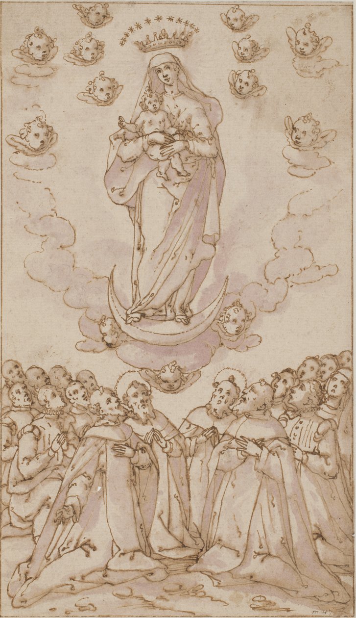 Madonna y el Niño en una luna creciente apareciendo a un grupo de santos, sacerdotes y laicos de Giovanni Guerra