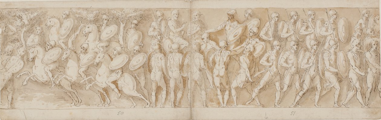 Caballería romana (LXV); una cabeza cortada (interpretada como un prisionero por Guerra) y un prisionero alemán son llevados ante el emperador (LXVI); romanos avanzando (LXVII) de Giovanni Guerra