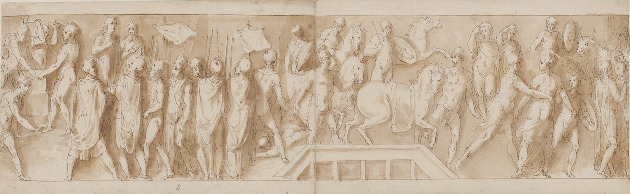 Soldados romanos construyendo un campamento (final de LXXXII); un discurso (LXXXIII); romanos cruzando un río en un puente de pontones (LXXXIV); mujeres son tomadas prisioneras (inicio de LXXXV) de Giovanni Guerra