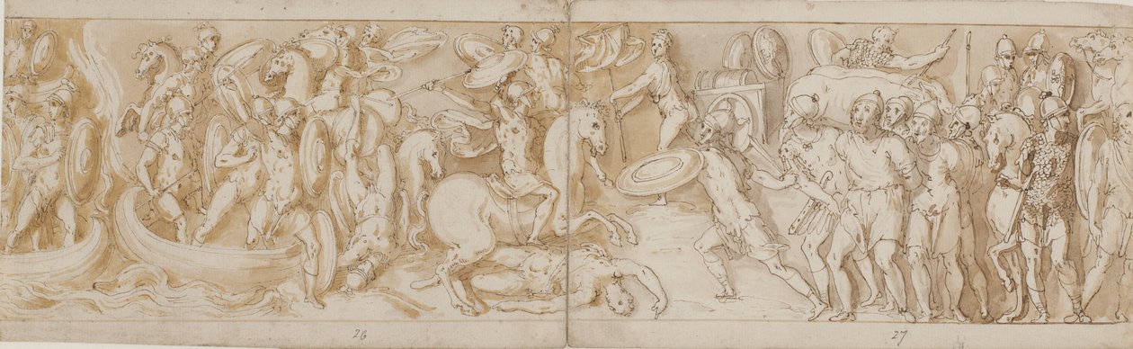 Soldados romanos cruzando un río en botes (en gran parte restauración; XXXIV); un soldado romano luchando (del final de XXIV); guardias romanos trayendo prisioneros bárbaros ante el emperador (omitido en el dibujo; final de XXV); comienzo de una marcha (co de Giovanni Guerra