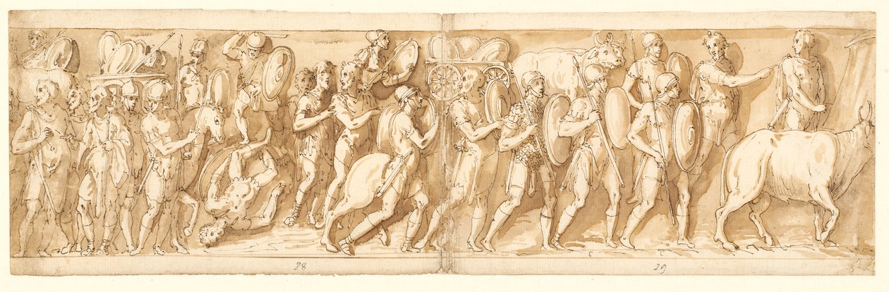 Romanos en marcha (XXXVI); Marco Aurelio, Pompeyo y un asistente observan la marcha (XXXVII); una parada en la marcha (XXXVIII) de Giovanni Guerra