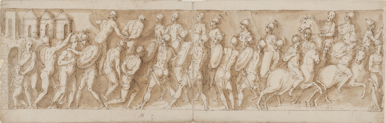 Líderes sármatas capturados por sorpresa y sus casas incendiadas por los romanos (CII); la llegada de legionarios y el emperador (omitido por Guerra) (CIII) de Giovanni Guerra