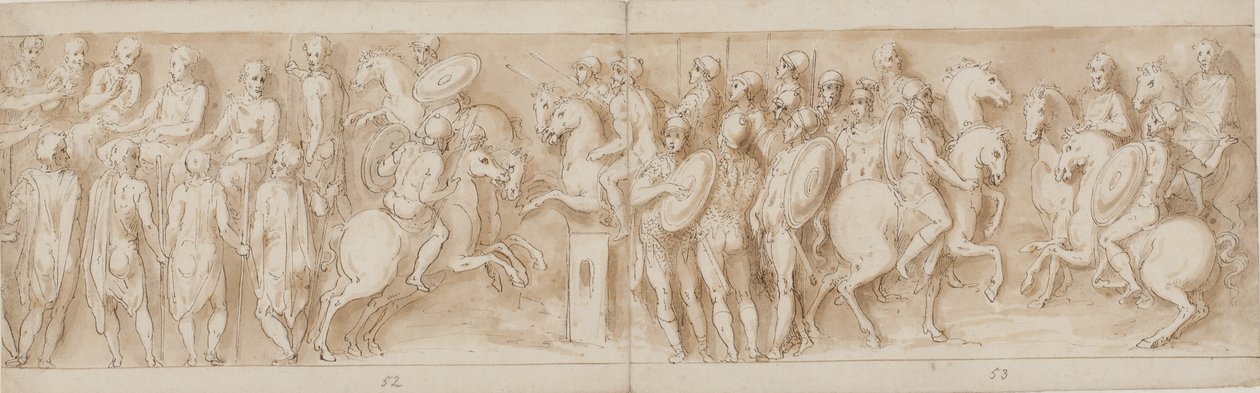 Sármatas ante el consejo imperial (final de LXII, comienzo de LXIII); rodeados por guardias, Marco Aurelio y Pompeyo a caballo observan una escaramuza (XC); nobles germanos trayendo un mensaje (hasta la mitad de XCI) de Giovanni Guerra