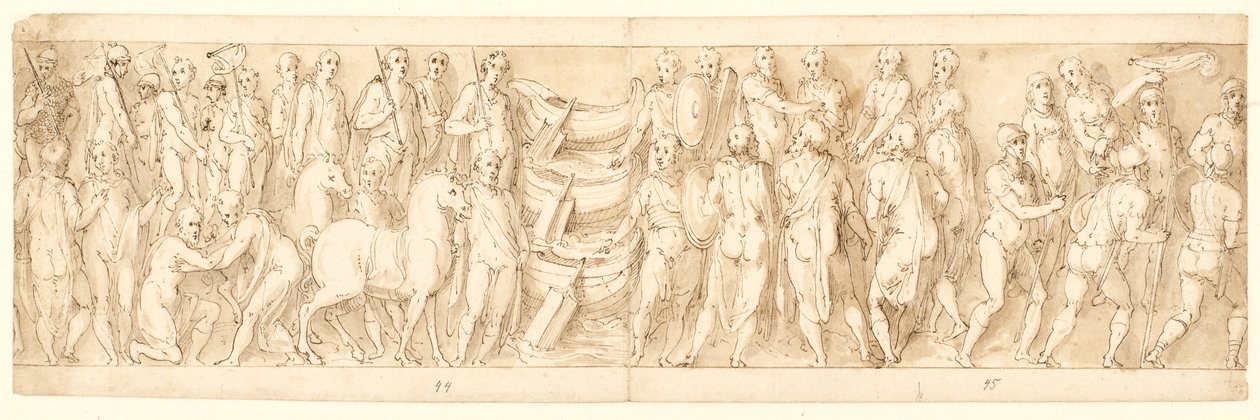 Los sármatas se rinden (LIII); Los germanos son llevados a través del Danubio (LIX); Los germanos acusados por los sármatas ante Marco Aurelio (LX); inicio de una escena de decapitación (LXI) de Giovanni Guerra