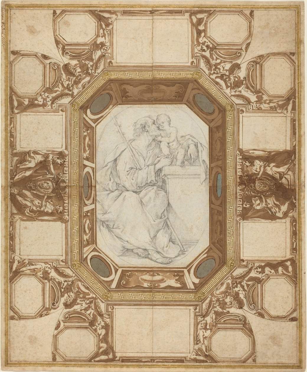 Techo con figuras alegóricas y las armas del Papa Sixto V (dibujo exterior de Guerra); San José y el Niño Jesús (dibujo central de Viani) de Giovanni Guerra and Domenico Maria Viani