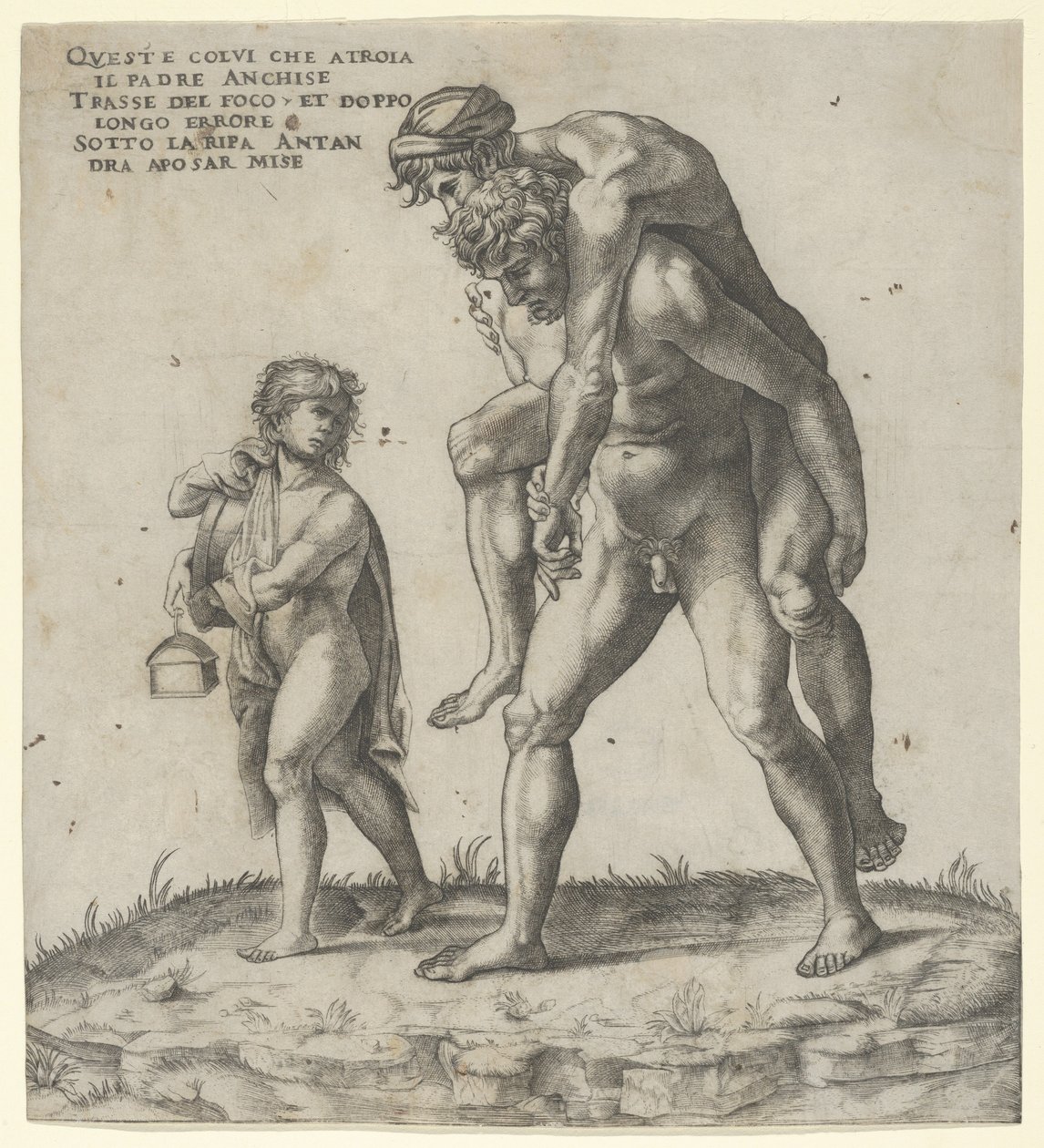 Eneas rescatando a Anquises, un niño llevando una linterna a la izquierda, ca. 1525 de Giovanni Jacopo Caraglio