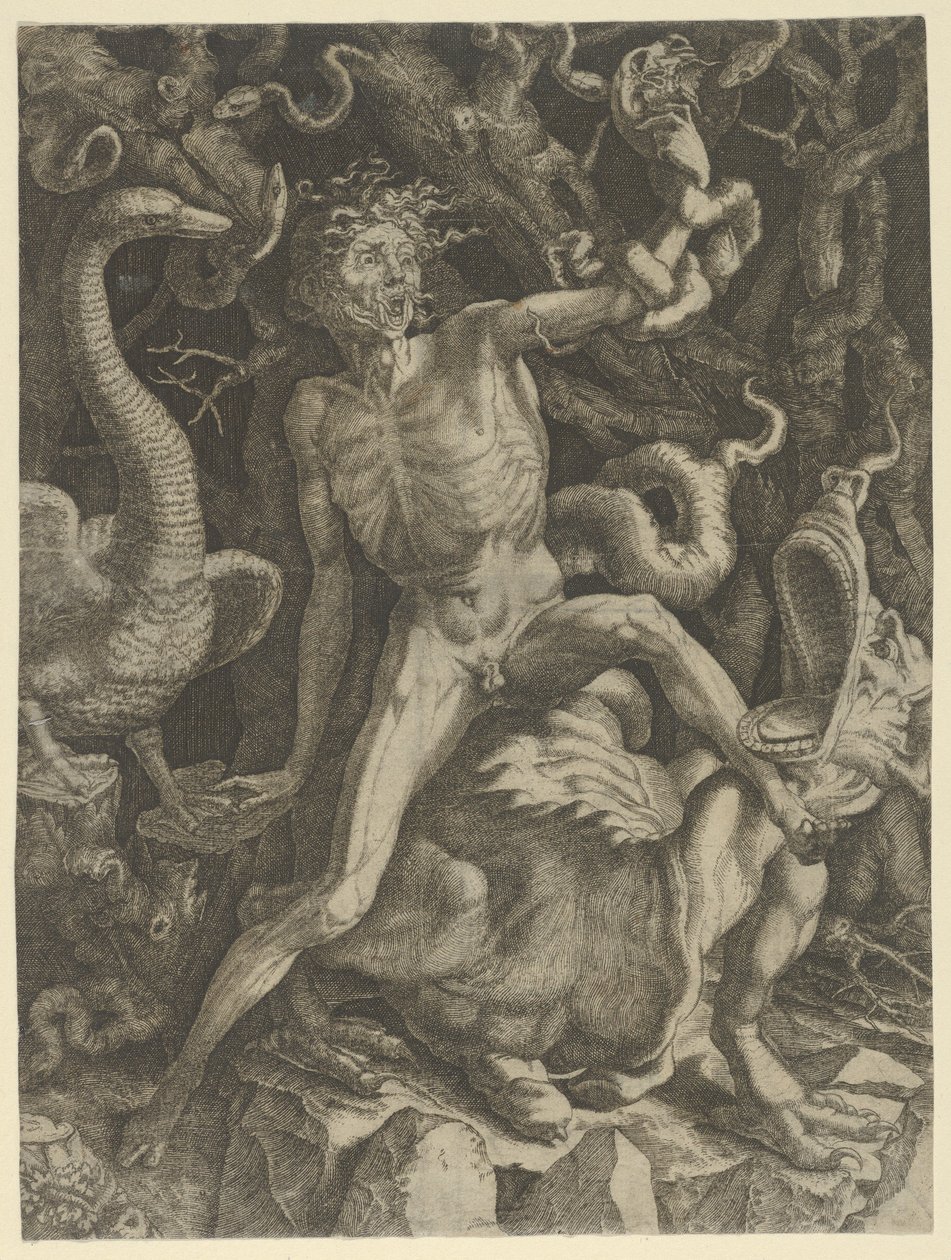 Furia personificada como un anciano montando un monstruo, sosteniendo un cráneo en su mano izquierda de Giovanni Jacopo Caraglio