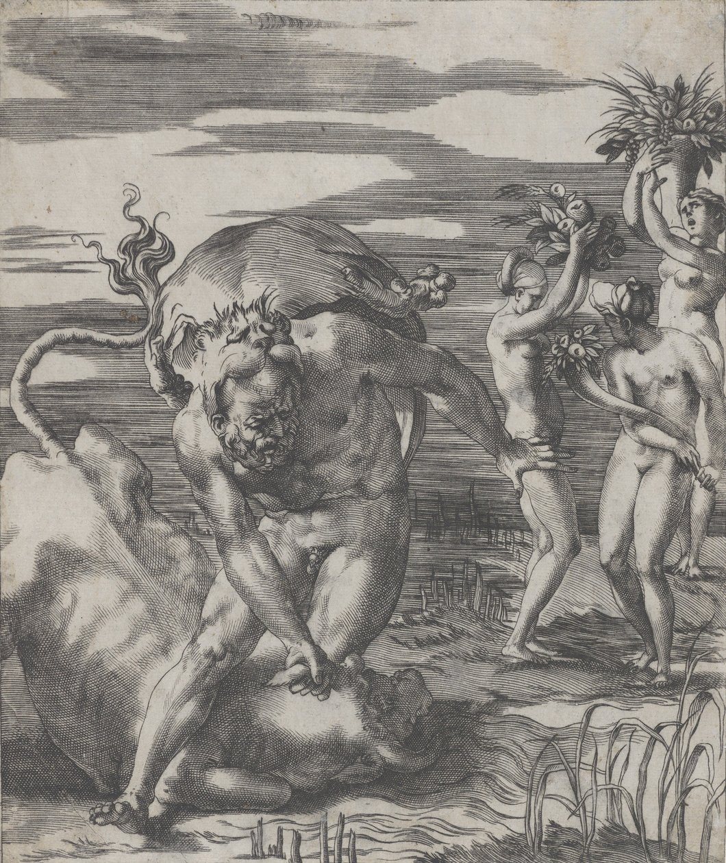 Hércules derrotando al dios río Aqueloo en forma de toro, con tres mujeres t..., ca. 1526-27 de Giovanni Jacopo Caraglio