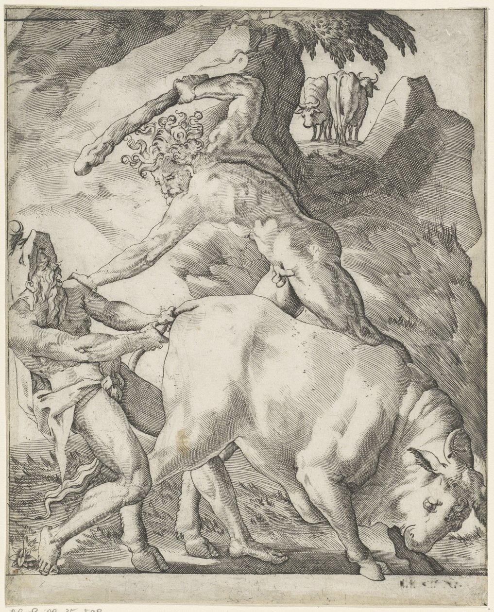 Hércules pelea con Caco Escenas con Hércules (título de la serie) de Giovanni Jacopo Caraglio