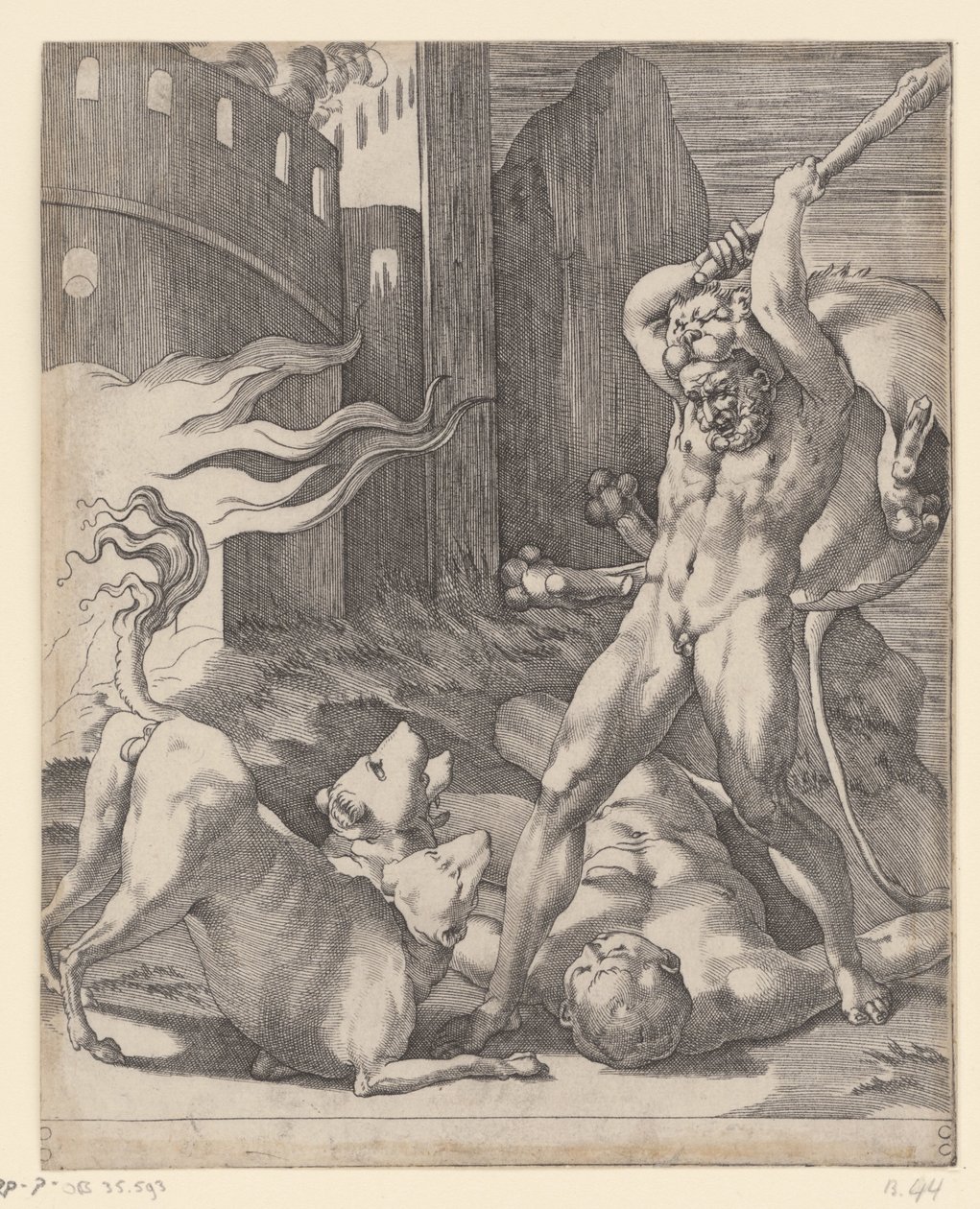 Hércules lucha contra el Cerbero Escenas con Hércules (título de la serie) de Giovanni Jacopo Caraglio