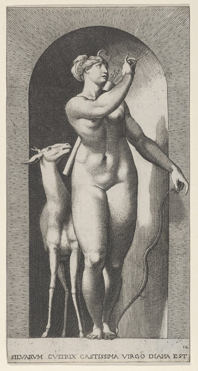 Diana de pie en un nicho, girando a su izquierda y sacando una flecha, 1526 de Giovanni Jacopo Caraglio