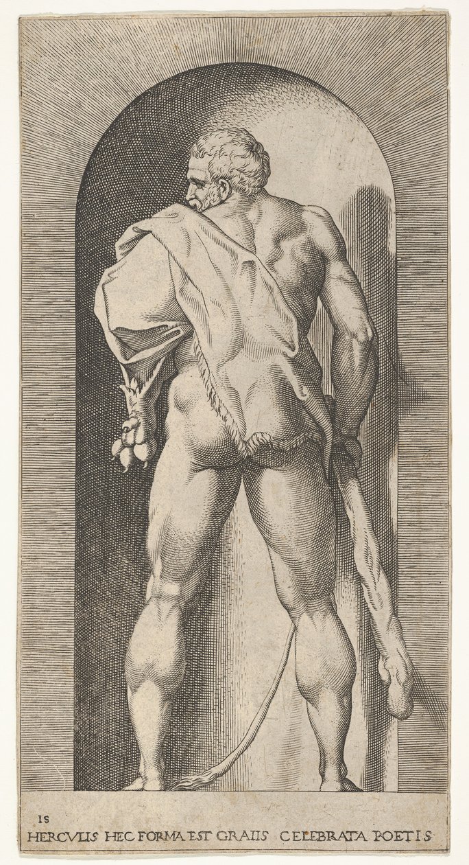 Placa 15: Hércules de pie en un nicho, vistiendo una piel de león y sosteniendo un garrote, visto desde..., 1526 de Giovanni Jacopo Caraglio