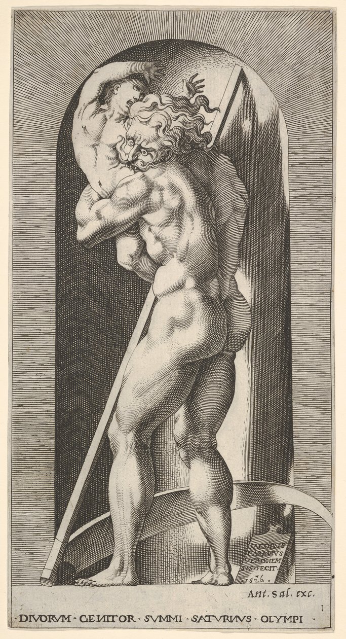 Placa 1: Saturno en un nicho devorando a su hijo, de pie ante una guadaña, de una serie de... de Giovanni Jacopo Caraglio