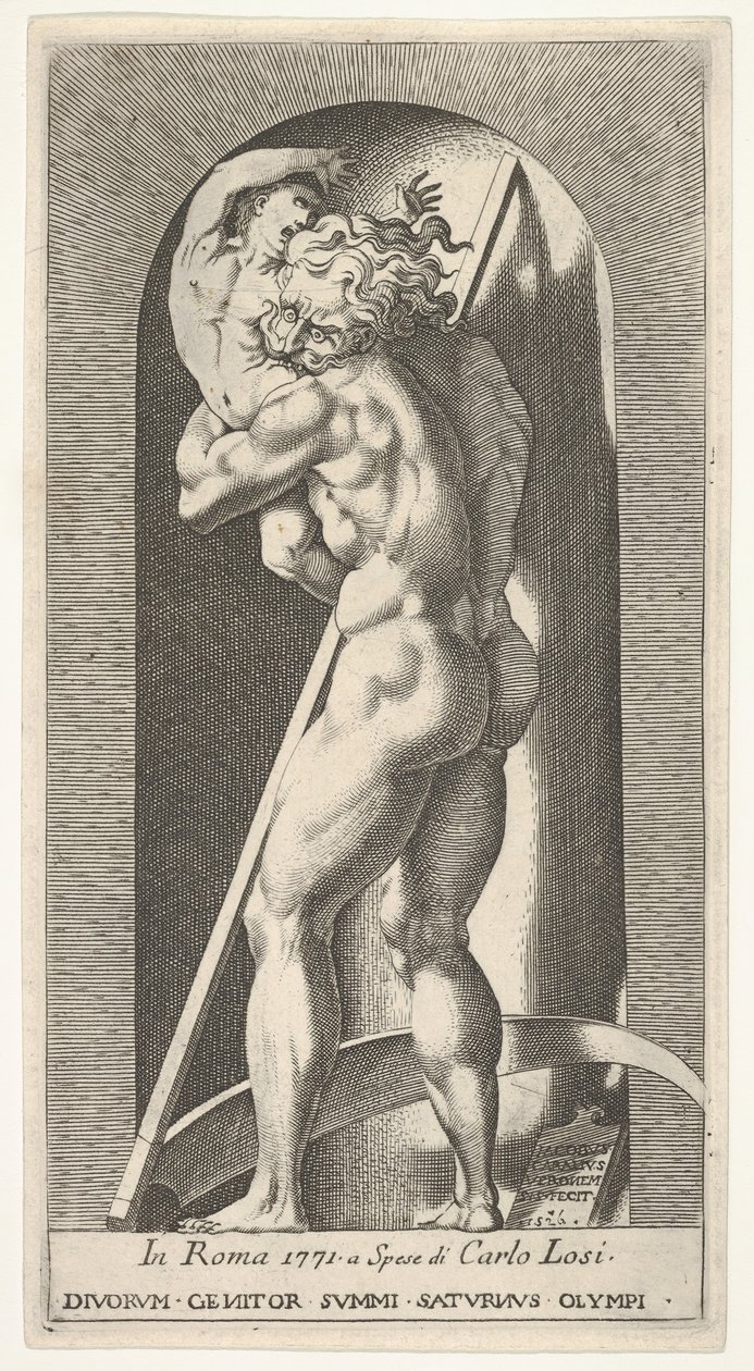Placa 1: Saturno en un nicho devorando a su hijo, de una serie de... de Giovanni Jacopo Caraglio