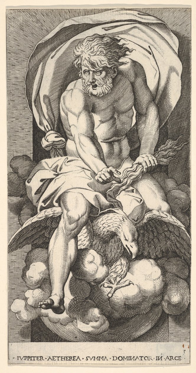 Placa 3: Júpiter emergiendo de un nicho, montando un águila y sosteniendo un rayo de Giovanni Jacopo Caraglio