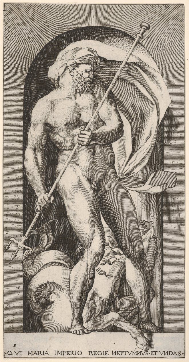 Placa 5: Neptuno de pie en un nicho sosteniendo un tridente, con un hipocampo, 1526 de Giovanni Jacopo Caraglio