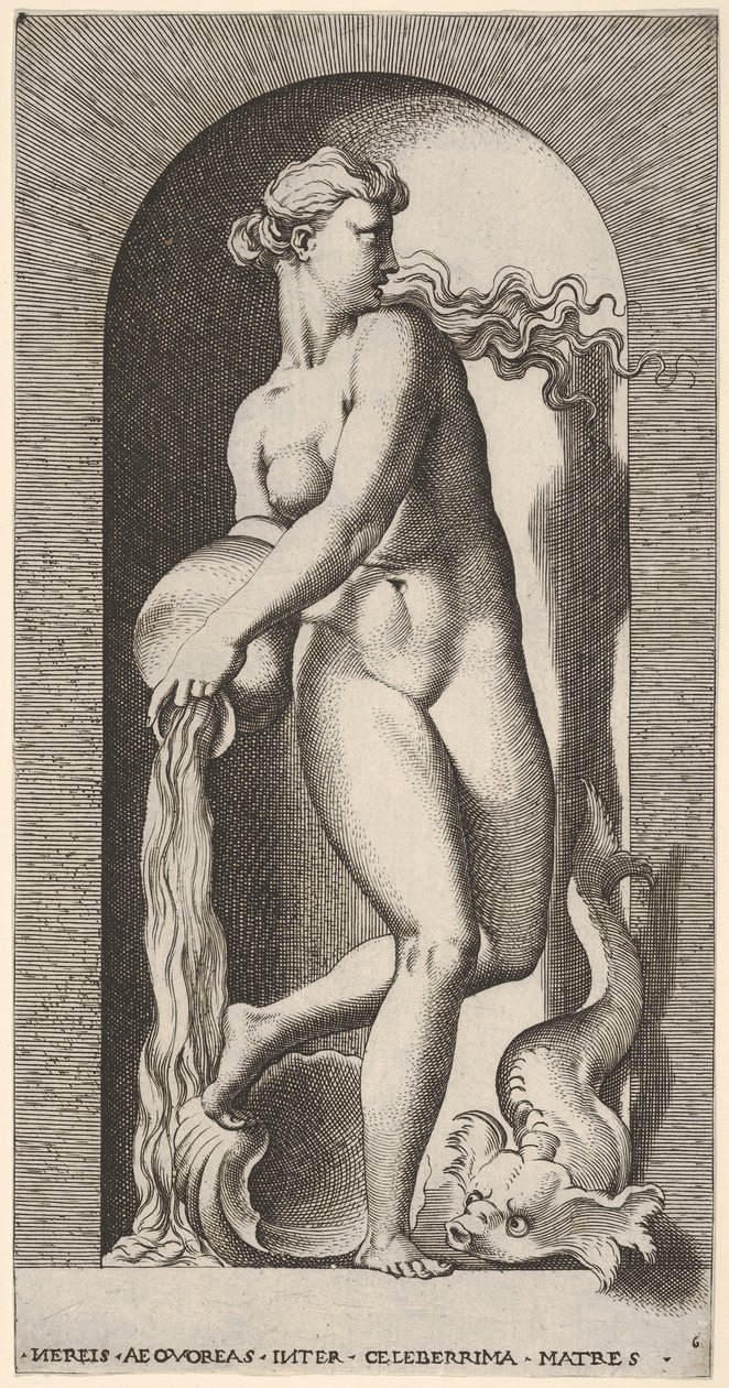 Placa 6: Tetis de pie en un nicho con una concha y criatura marina, vertiendo agua, 1526 de Giovanni Jacopo Caraglio