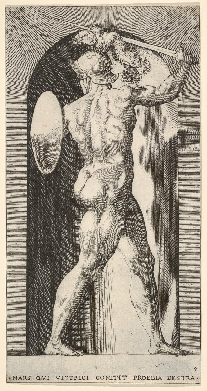 Placa 9: Marte en un nicho, sosteniendo una espada sobre su cabeza con su brazo derecho, y un escudo, 1526 de Giovanni Jacopo Caraglio