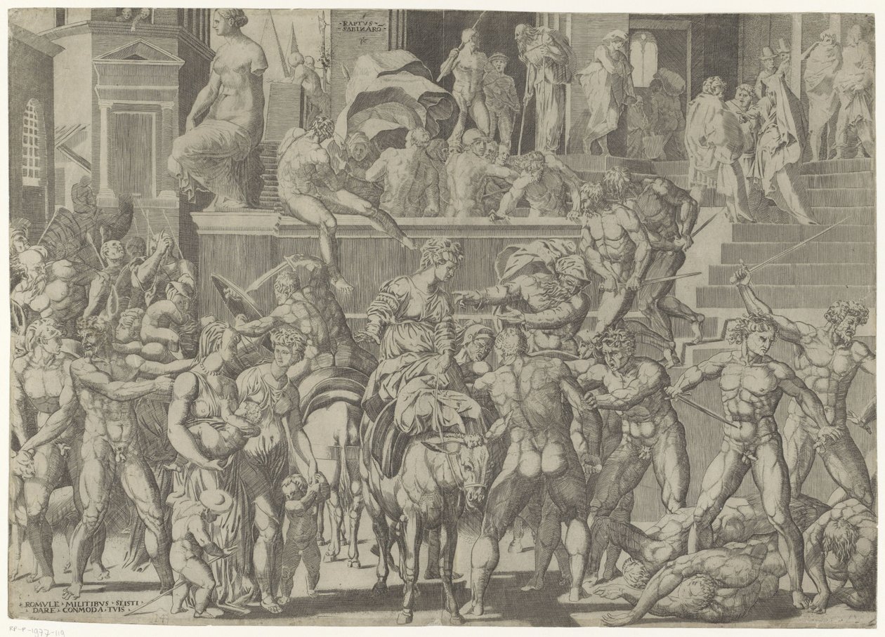 Batalla entre los romanos y los sabinos Raptus Sabinaro (título sobre objeto) de Giovanni Jacopo Caraglio