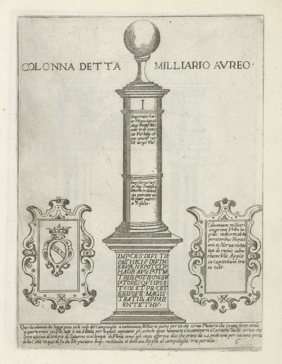 Las millas de oro Colonna detta Milliario Aureo (título sobre objeto) Moderne en antieke monumentos en bouwwerken en Roma (título de la serie) Ornamenti di fabriche antichi et modern dell