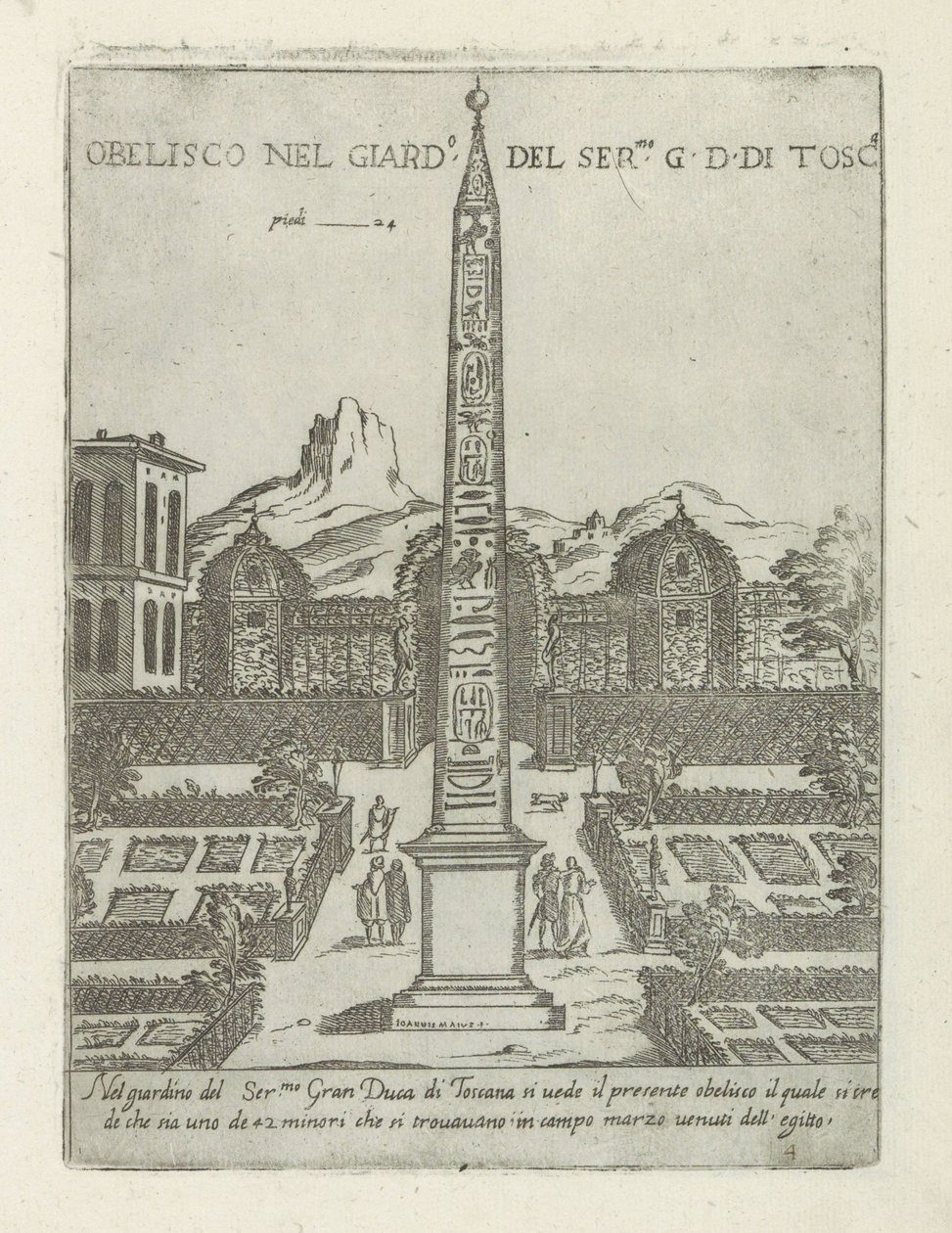 Obelisco egipcio en el jardín de Villa Medici en Roma Obelisco nel giard.o del ser.mo G. D. Di Tosc.a (título sobre objeto) Monumentos y edificios modernos y antiguos en Roma (título de la serie) Ornamenti di fabriche antichi et moderni dell