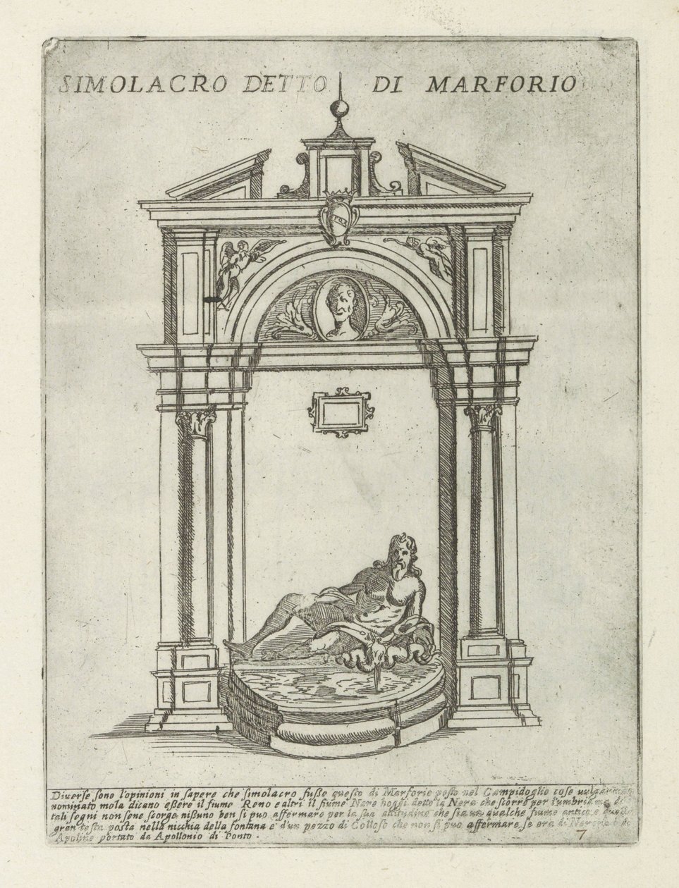 Fuente con la estatua de Marforio Simolacro detto di Marforio (título sobre objeto) Monumentos y edificios modernos y antiguos en Roma (título de la serie) Ornamenti di fabriche antichi et moderni dell