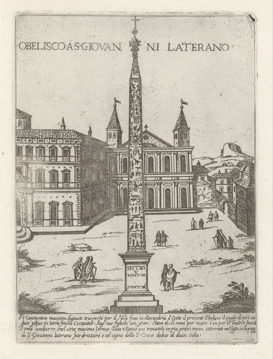 Obelisco de Letrán detrás de San Juan de Letrán en Roma Obelisco a S. Giovanni Laterano (título sobre objeto) Monumentos y edificios modernos y antiguos en Roma (título de la serie) Ornamenti di fabriche antichi et moderni dell