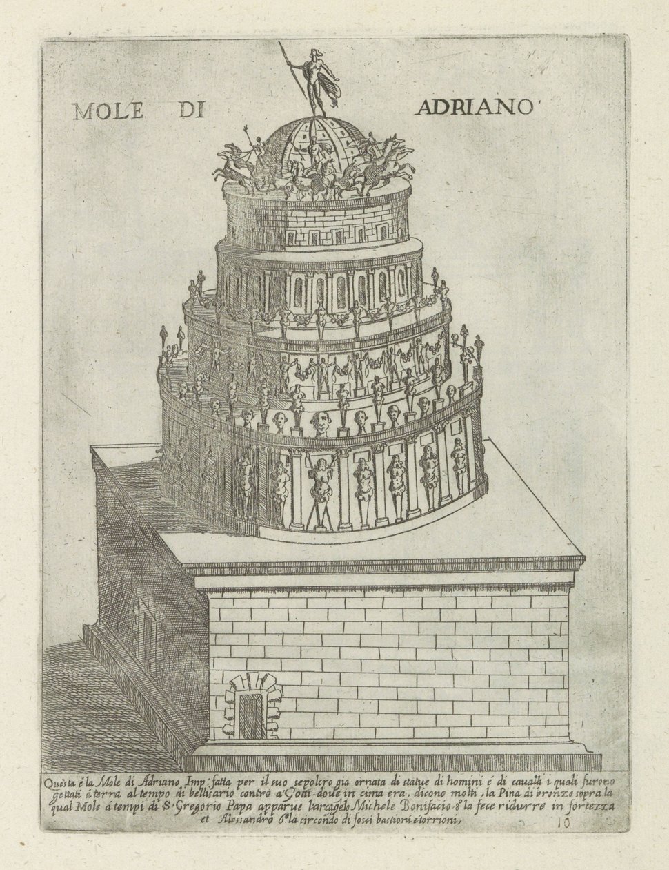 Mausoleo de Adriano Mole di Adriano (título sobre objeto) Monumentos y edificios modernos y antiguos en Roma (título de la serie) Ornamenti di fabriche antichi et moderni dell