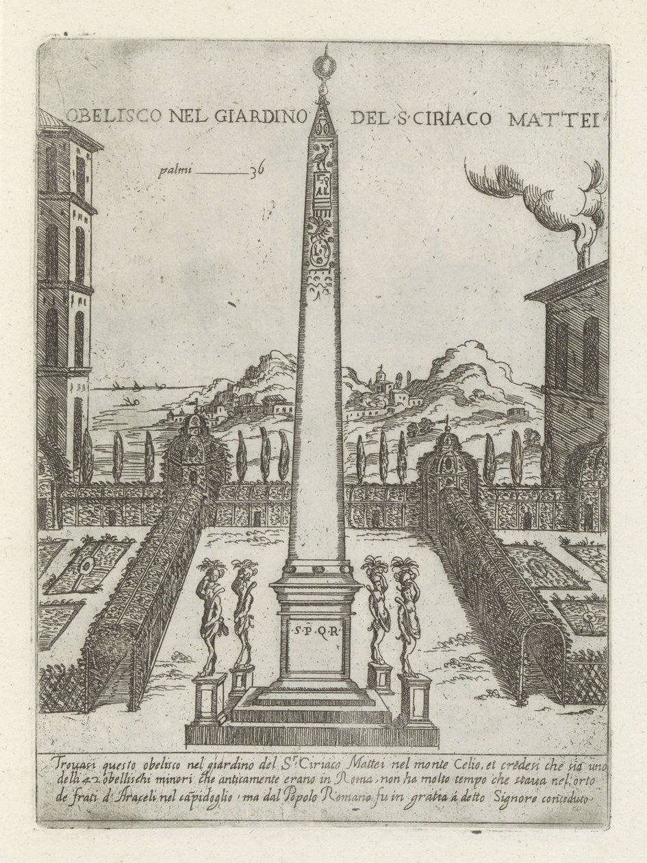 Obelisco en de tuin van Ciriaco Mattei Obelisco en el jardín de S.ciriaco Mattei (título sobre objeto) Moderne en antieke Monumenten en bouwwerken en Roma (título de la serie) Adornos de edificios antiguos y modernos de la ciudad alma de Roma (título de la de Giovanni Maggi