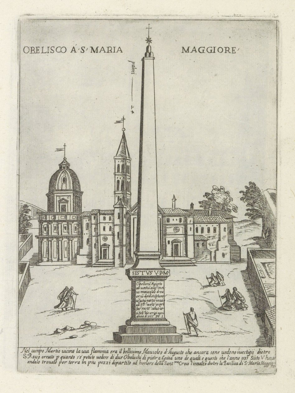 Obelisco voor de Santa Maria Maggiore Obelisco en S. Maria Maggiore (título sobre objeto) Moderne en antieke Monumenten en bouwwerken en Roma (título de la serie) Adornos de edificios antiguos y modernos de la ciudad alma de Roma (título de la serie) de Giovanni Maggi