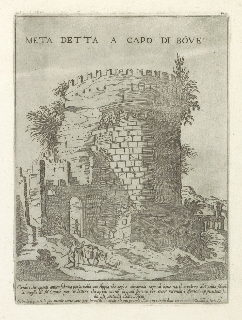 Tombe van Caecilia Metella te Roma Meta dijo a la cabeza de buey (título sobre objeto) Moderne en antieke Monumenten en bouwwerken en Roma (título de la serie) Adornos de edificios antiguos y modernos de la ciudad alma de Roma (título de la serie) de Giovanni Maggi