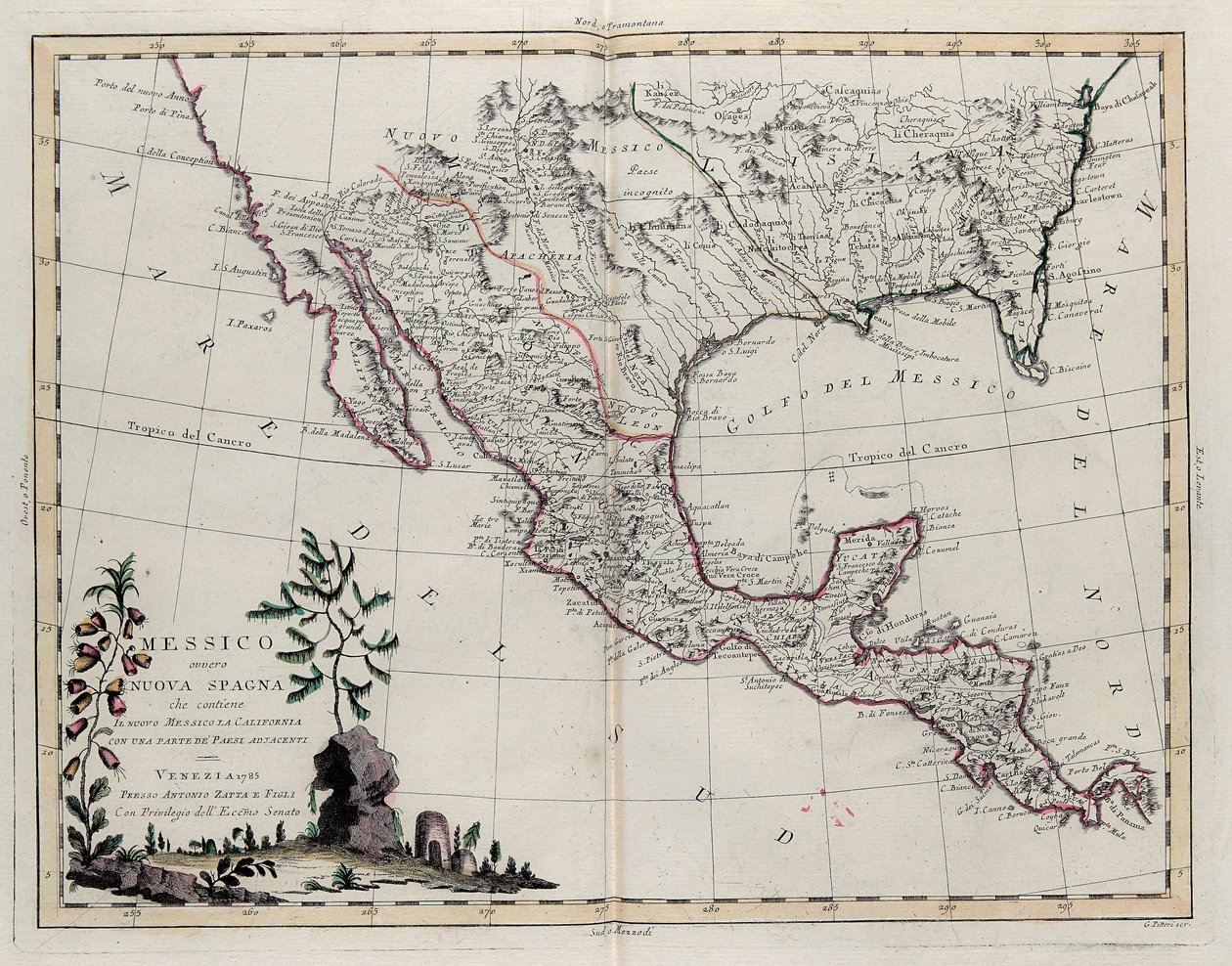 México o Nueva España que contiene Nuevo México, California con una porción de países adyacentes, del Tomo IV del Nuevo Atlas, grabado por G. Zuliani, 1785 de Giovanni Marco Pitteri