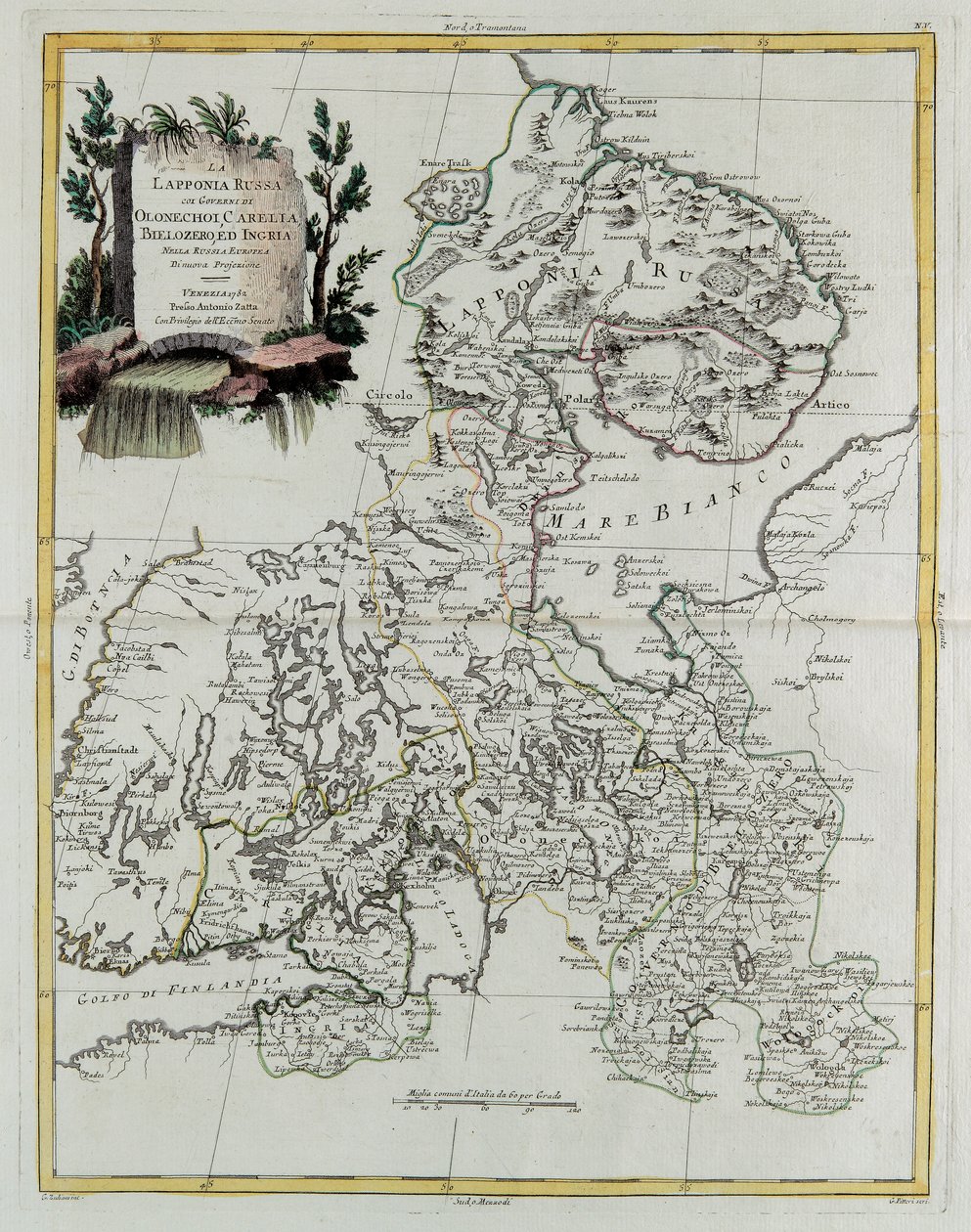 Laponia rusa con los gobiernos de Olonecholi, Carelia, Bielozero e Ingria en Rusia europea, de Tome III del "Nuevo Atlas", grabado por G. Zuliani de Giovanni Marco Pitteri